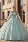 Robe de bal scintillante Sequins Sweetheart Dance Quinceañera Vert menthe avec cape