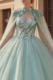 Robe de bal scintillante Sequins Sweetheart Dance Quinceañera Vert menthe avec cape