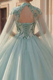Robe de bal scintillante Sequins Sweetheart Dance Quinceañera Vert menthe avec cape
