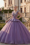 Robe de bal violette à col en V appliquée et robe florale de quinceañera