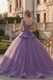 Robe de bal violette à col en V appliquée et robe florale de quinceañera