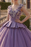 Robe de bal violette à col en V appliquée et robe florale de quinceañera