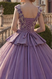 Robe de bal violette à col en V appliquée et robe florale de quinceañera