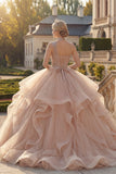 Robe de bal champagne à une épaule perlée de quinceañera avec volants