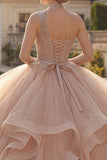 Robe de bal champagne à une épaule perlée de quinceañera avec volants