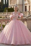 Robe de bal rose à col nu-nu, robe de quinceañera appliquée avec manches flottantes