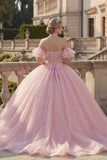 Robe de bal rose à col nu-nu, robe de quinceañera appliquée avec manches flottantes