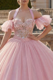Robe de bal rose à col nu-nu, robe de quinceañera appliquée avec manches flottantes
