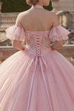 Robe de bal rose à col nu-nu, robe de quinceañera appliquée avec manches flottantes