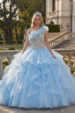 Robe de bal à une épaule en style bleu ciel appliqué robe de quinceañera avec volants