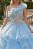 Robe de bal à une épaule en style bleu ciel appliqué robe de quinceañera avec volants