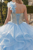 Robe de bal à une épaule en style bleu ciel appliqué robe de quinceañera avec volants