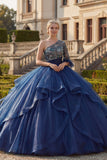 Robe de bal à une épaule bleu marine robe florale de quinceañera avec volants