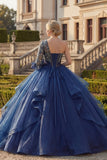 Robe de bal à une épaule bleu marine robe florale de quinceañera avec volants