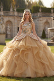 Robe de bal à une épaule scintillante Sequins Champagne Quinceañera avec volants