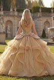 Robe de bal à une épaule scintillante Sequins Champagne Quinceañera avec volants