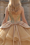 Robe de bal à une épaule scintillante Sequins Champagne Quinceañera avec volants