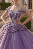 Robe de bal épaule décalée, robe violette applique, froncée