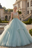 Robe de bal scintillante, robe de quinceañera bleu poussiéreux à paillettes sur une épaule
