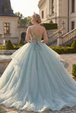 Robe de bal scintillante, robe de quinceañera bleu poussiéreux à paillettes sur une épaule