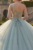 Robe de bal scintillante, robe de quinceañera bleu poussiéreux à paillettes sur une épaule