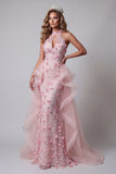 Robe de concours de sirène rose à volants ouverts en dos nuvel
