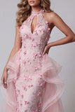 Robe de concours de sirène rose à volants ouverts en dos nuvel