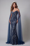 Robe de concours de sirène bleu marine à épaules froides