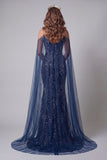 Robe de concours de sirène bleu marine à épaules froides