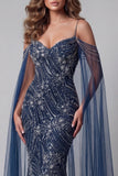 Robe de concours de sirène bleu marine à épaules froides
