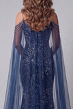 Robe de concours de sirène bleu marine à épaules froides