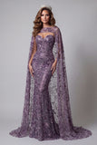 Robe de concours de beauté sirène violette à sequins avec cape