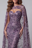 Robe de concours de beauté sirène violette à sequins avec cape