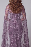 Robe de concours de beauté sirène violette à sequins avec cape