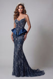 Robe de concours de sirène à épaules froides en bleu marine à sequins