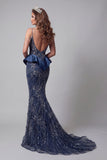 Robe de concours de sirène à épaules froides en bleu marine à sequins