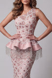 Robe de concours de beauté sirène à paillettes en rouge à une épaule avec pompon