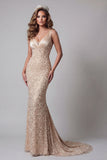 Robe de concours sirène à col V en paillettes champagne