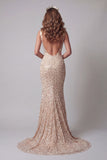 Robe de concours sirène à col V en paillettes champagne