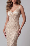 Robe de concours sirène à col V en paillettes champagne