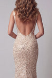 Robe de concours sirène à col V en paillettes champagne