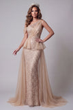 Robe de concours en sirène en paillettes champagne à une épaule avec une cape