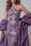 Robe de concours de sirène violette en format halter avec cape