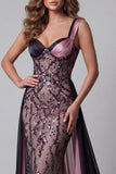 Robe de concours de beauté sirène prune avec cape
