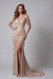Robe de concours de beauté en sirènes à paillettes champagne à épaules froides avec fente