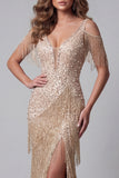 Robe de concours de beauté en sirènes à paillettes champagne à épaules froides avec fente