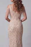 Robe de concours de beauté en sirènes à paillettes champagne à épaules froides avec fente
