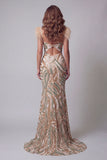 Robe de concours de beauté sirène en champagne avec des plumes