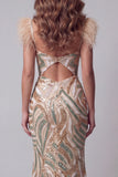Robe de concours de beauté sirène en champagne avec des plumes