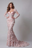 Robe de concours de sirène à manches longues à blush avec fleurs 3D